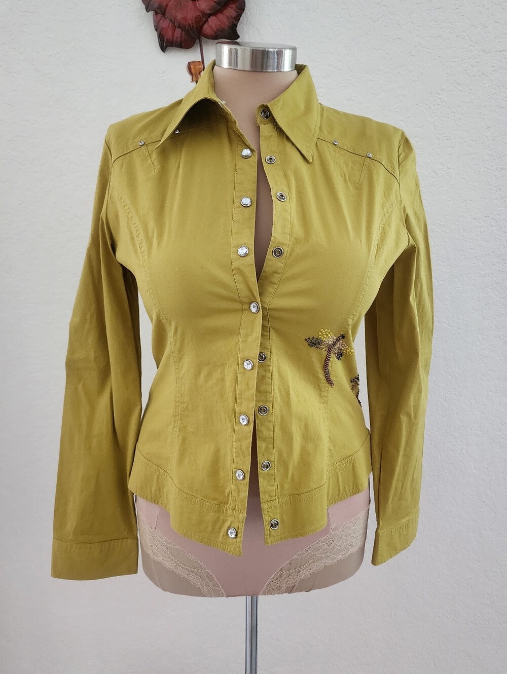 NOW | Olive Green Button-Front Shirt with Dragonfly Stud Details